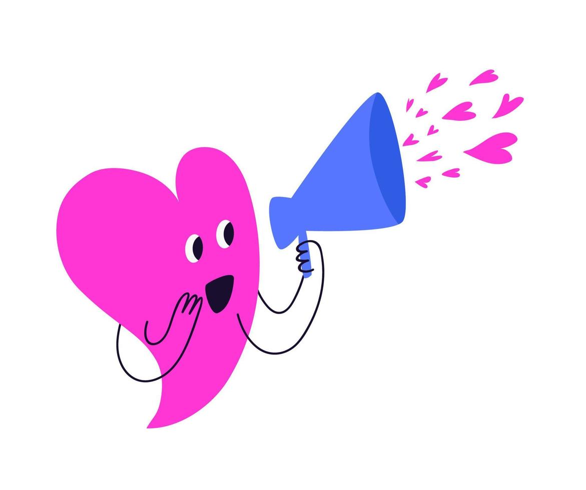 A cheerful pink heart sends many small hearts through the blue horn. A cute heart-shaped character shouts into a loudspeaker. Vector illustration in cartoon style isolated on white background.