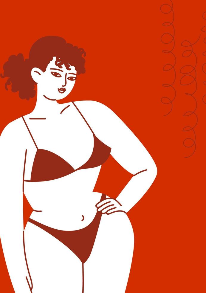 A young woman in a swimsuit on a red background. The close-up female body in underwear. Woman with curly hair. Vector stock illustration for poster or postcard in cartoon style.