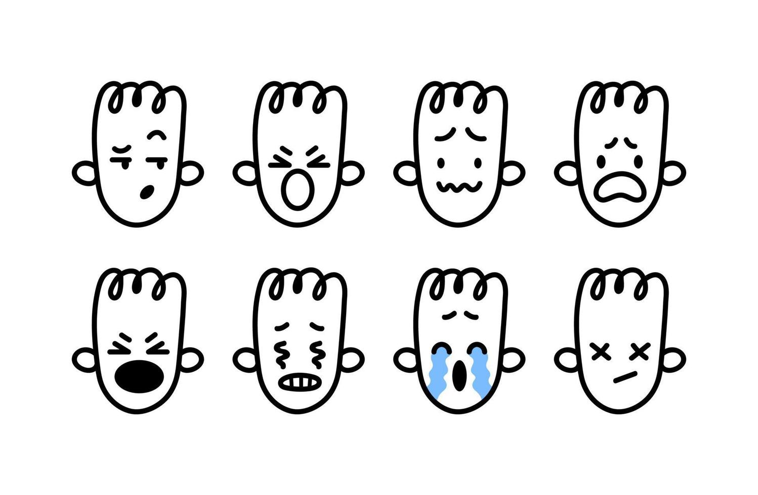 colección de caras de garabatos emocionales. conjunto de emoji negro sobre blanco. diversos sentimientos y emociones de ira, resentimiento y lágrimas. ilustración vectorial de iconos de fideos aislados sobre fondo blanco. vector