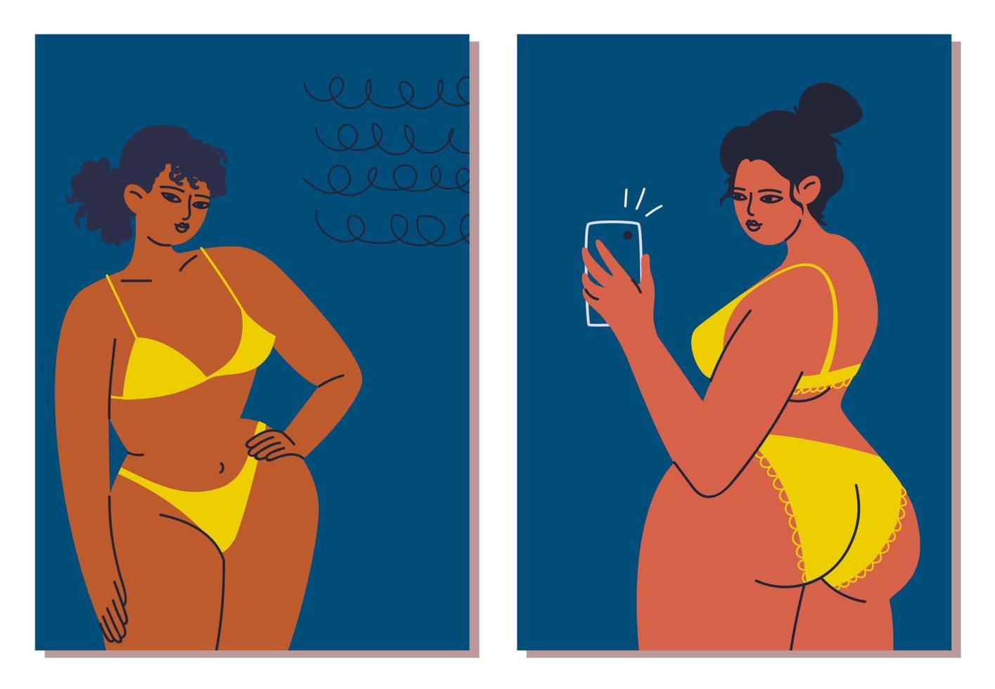 Collection of female poster cards close-up in a yellow bikini. Young tanned women with a phone in hand. Set vector illustrations of female beauty and body in cartoon style.