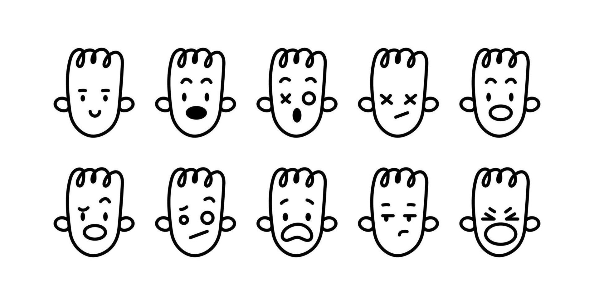 Collection of emotional doodle faces. Set of black on white emoji. Various feelings and emotions. Vector illustration of doodle icons isolated on white background.