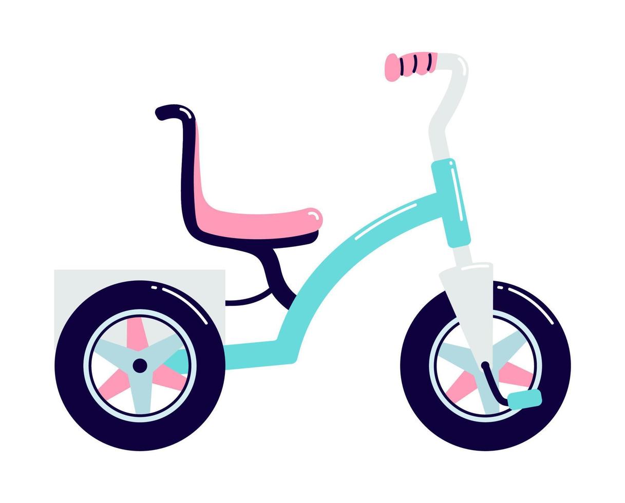 triciclo infantil con cesta en la parte trasera. vehículo de transporte para niños en colores azul y rosa al estilo de las caricaturas. Ilustración de vector de bicicleta aislado sobre fondo blanco.