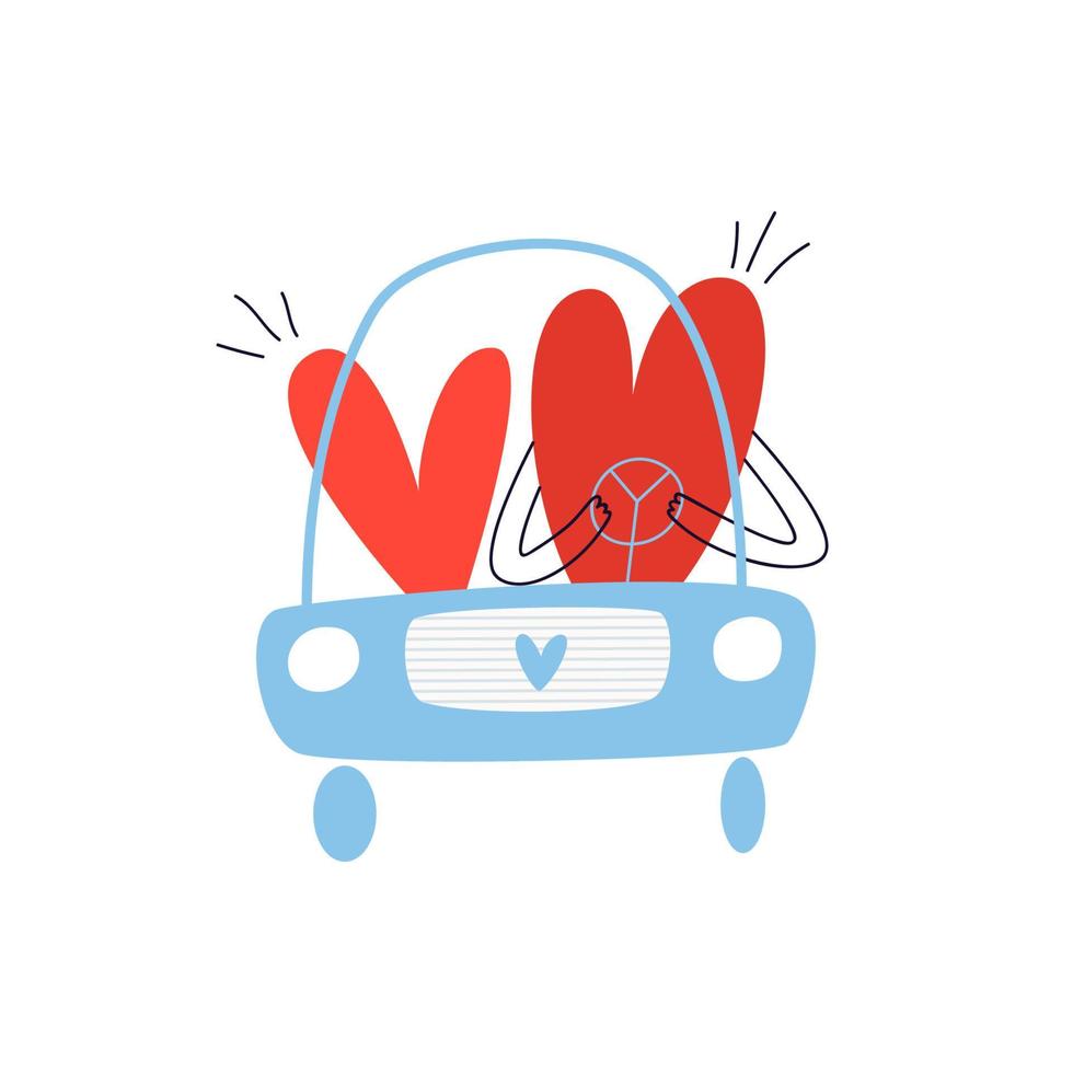 una pareja amorosa viaja en un auto azul. dos corazones felices están sentados frente a un camión de dibujos animados. ilustración de stock vectorial aislada sobre fondo blanco. vector