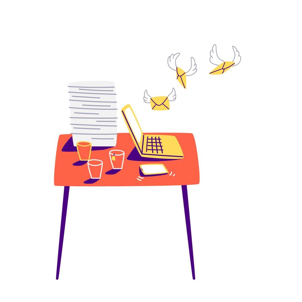 On a red table is a yellow laptop with many coffee cups and a hefty pile of papers. Hand-drawn workplace in cartoon style. Vector stock illustration isolated on white background.