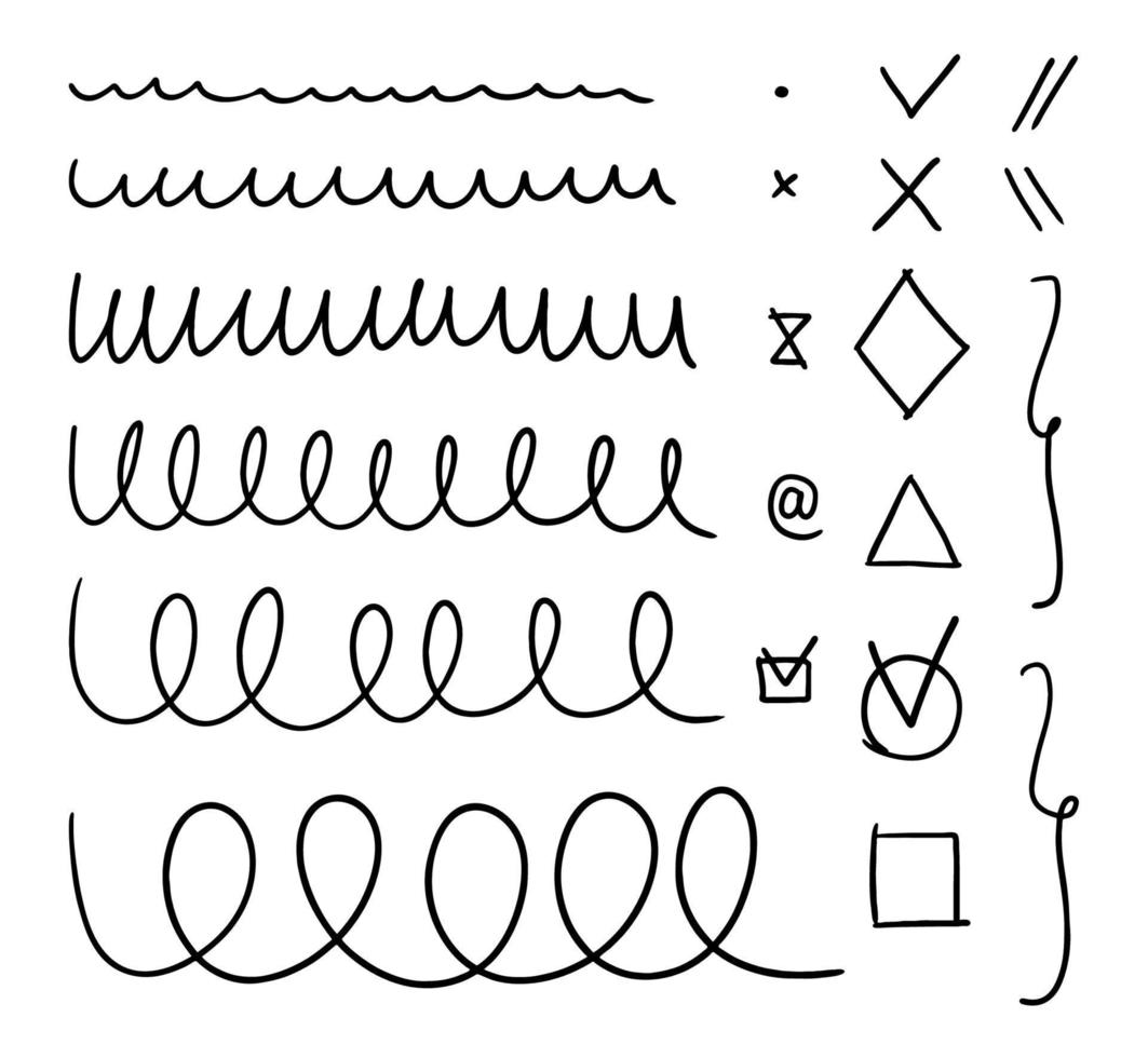 A set of varied wavy lines. Collection of hand-drawn graphic brushes. Vector stock illustration of highlight lines and checkmarks isolated on white background.