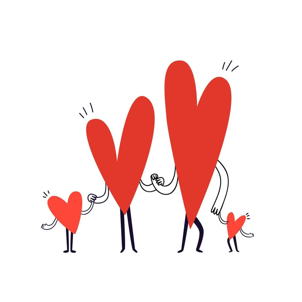 Family of characters in the shape of hearts are holding hands. Hand drawn doodle family with two children are standing in a row. Vector stock illustration in cartoon style on a white background.