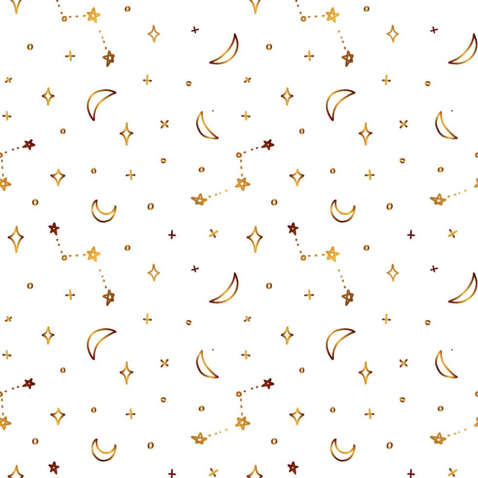 Seamless pattern with golden crescents and stars. The golden pattern of constellations and other hand-drawn celestial elements. vector