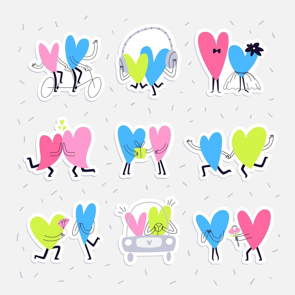 Sticker pack with colored hearts. A set of valentine's day stickers with hearts in love by car, wearing headphones, riding a tandem bike, and others. vector