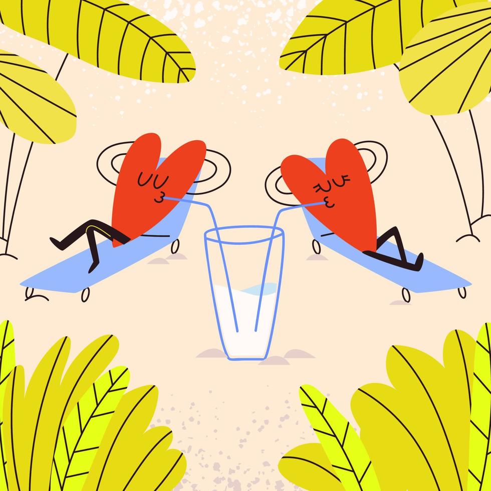 Two relaxing hearts lie on blue sun loungers and drink a milkshake. Heart-shaped lovers are relaxing on a sunny sandy beach under palm trees. Vector illustration in cartoon style.