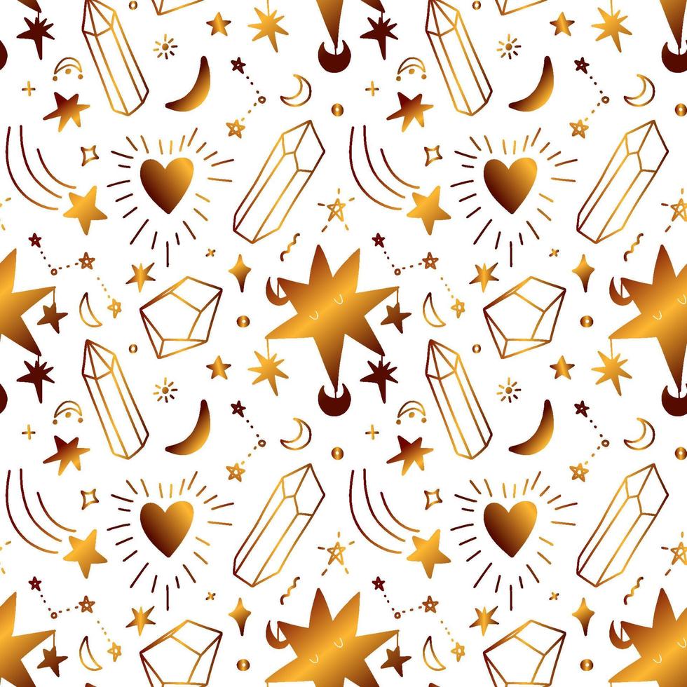 Seamless golden pattern with stars and crystals. Intense gold pattern with magical celestial elements. vector