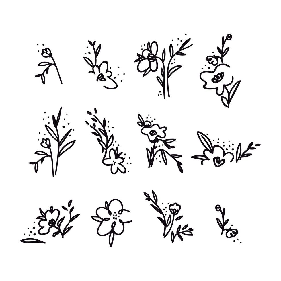 Hand-drawn set of doodle flowers. Collection of abstract black plants on white. Vector stock illustration of graphic doodle flowers and twigs isolated on white background.