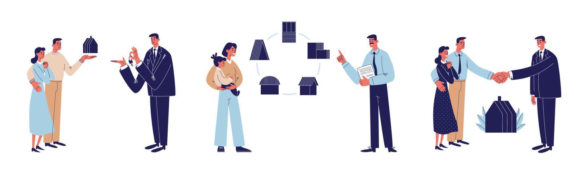 Sale, rental of housing. The realtor gives the keys to the young family, helps the single mother with the choice of the future home, makes a deal. Vector illustration isolated on a white background.