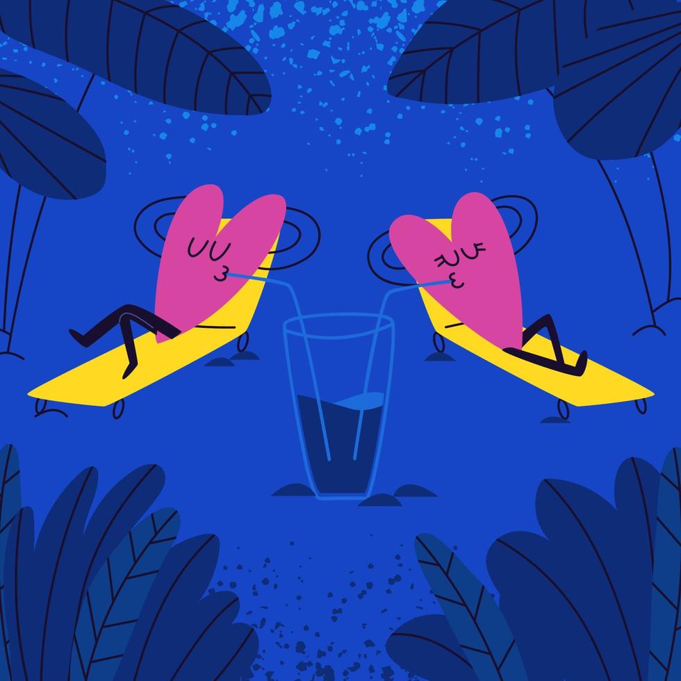 dos corazones rosas yacen en tumbonas amarillas y beben de un vaso rodeados de palmeras por la noche. los personajes en forma de corazón enamorados disfrutan juntos de sus vacaciones. ilustración de garabatos vectoriales. vector