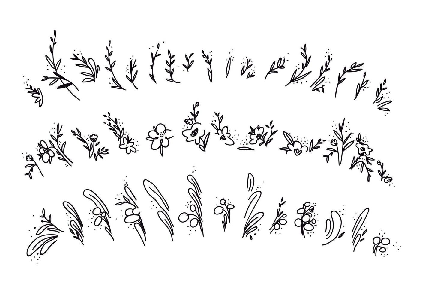 conjunto dibujado a mano de garabatos de ramitas, flores y hojas. colección de ramitas y flores abstractas dibujadas. ilustración vectorial de un grupo de elementos decorativos sobre un fondo blanco. vector