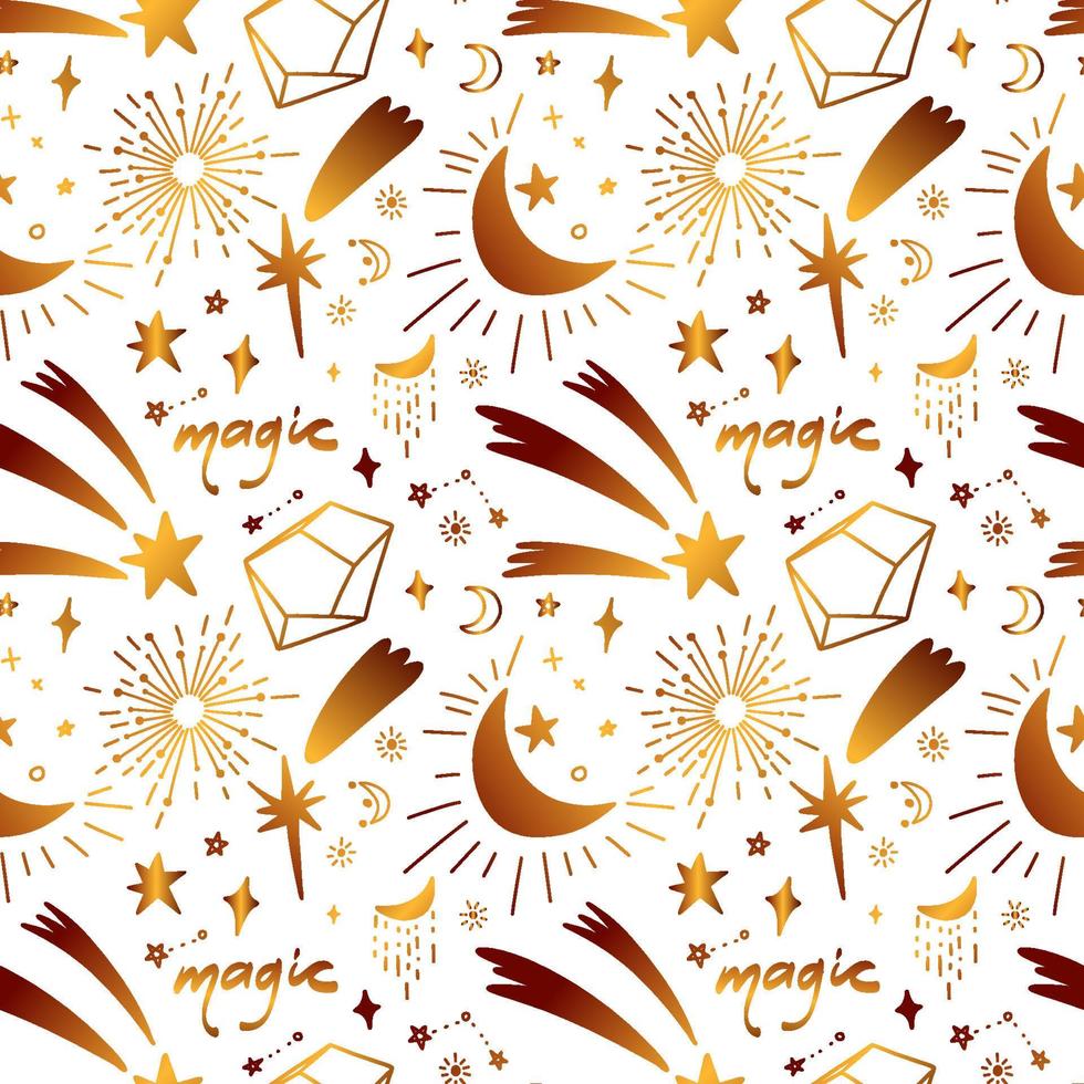 Golden seamless pattern with heavenly elements. Hand-drawn comets, crescent moon and shining stars with golden texture. vector