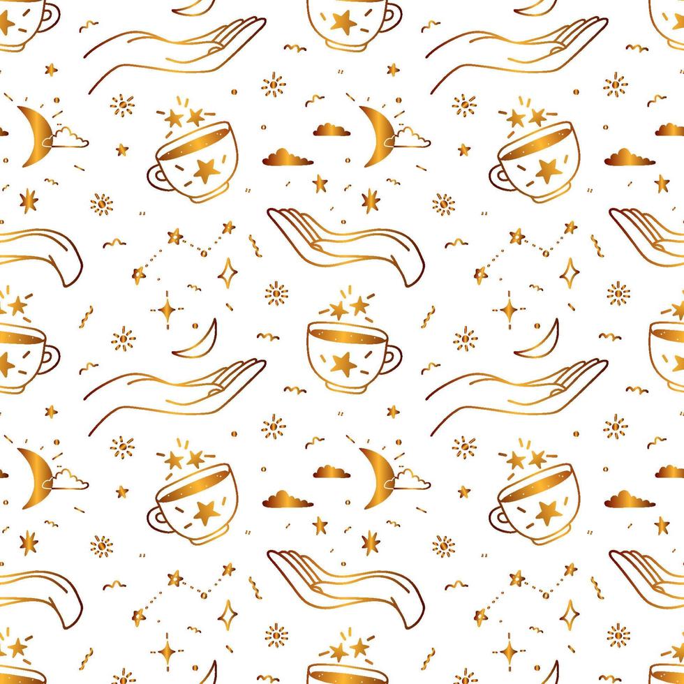 Golden seamless drawn pattern with hands and magic cups on the background of the constellations. Star ornament with celestial elements. vector