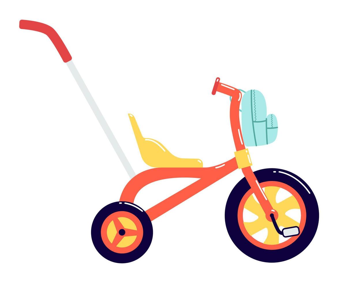 Children's tricycle with a backpack in front. Children's bike with a large front wheel and a handle for control. Colorful vector illustration isolated on white background.