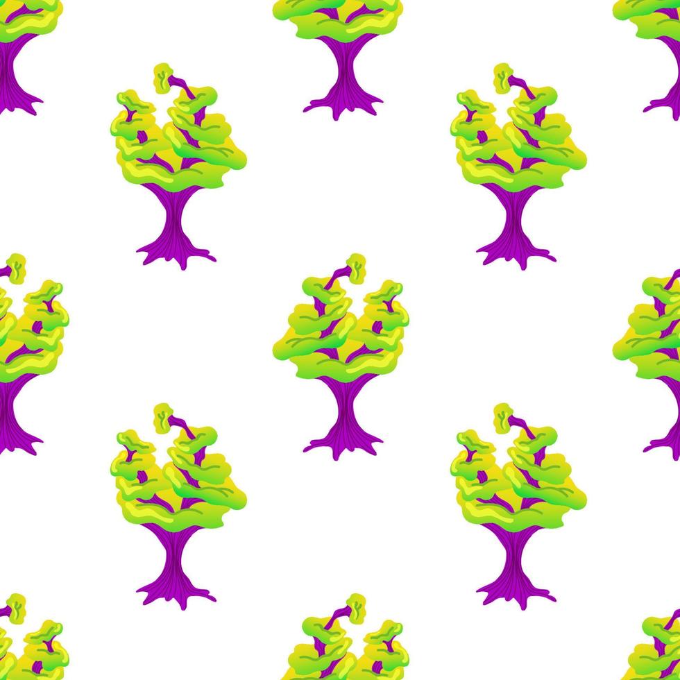 Seamless pattern with magic mushrooms on a white background. Fantastic mushroom pattern of purple stems and green multistory hats. Vector illustration of unreal mystical, alien plants.