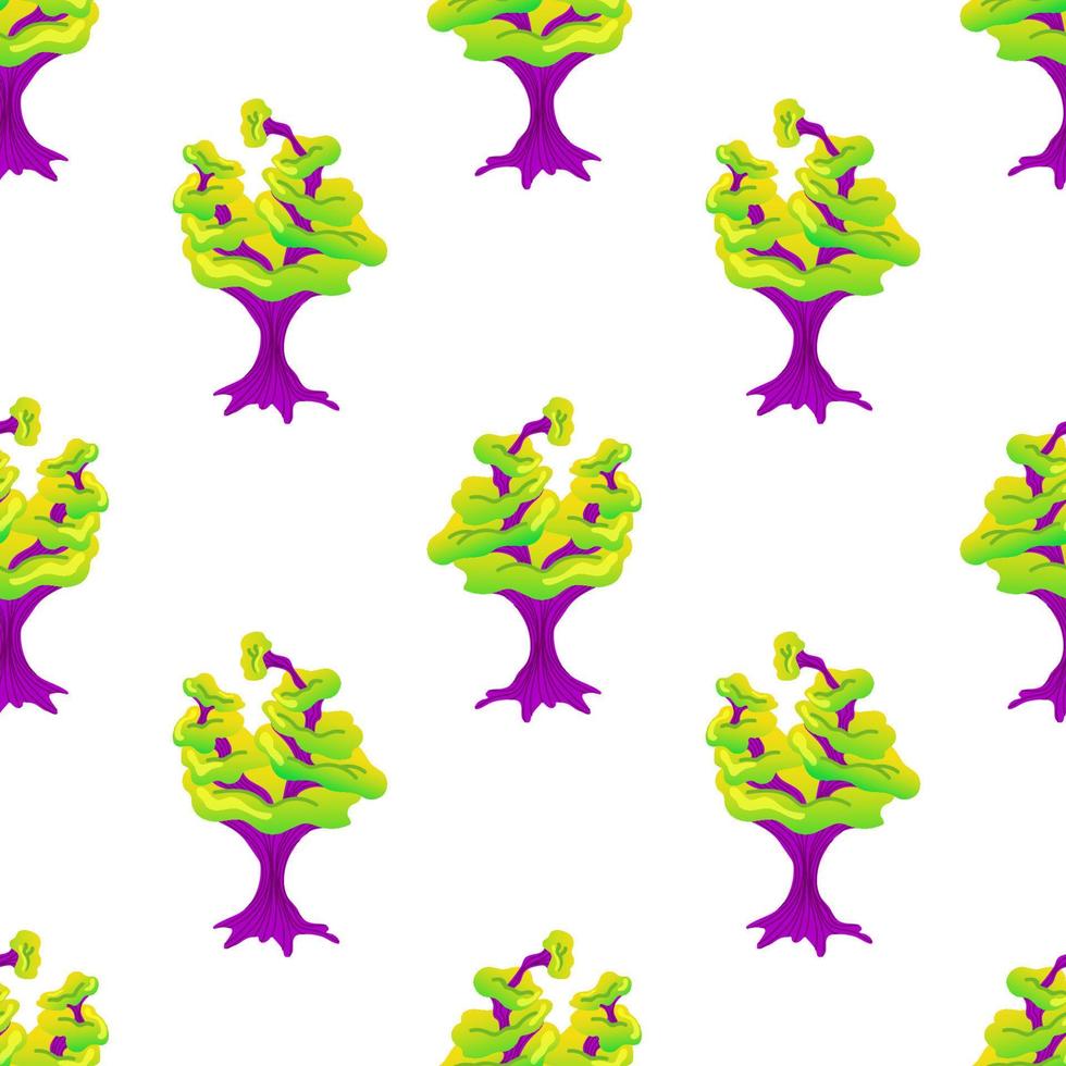 Seamless pattern with magic mushrooms on a white background. Fantastic mushroom pattern of purple stems and green multistory hats. Vector illustration of unreal mystical, alien plants.