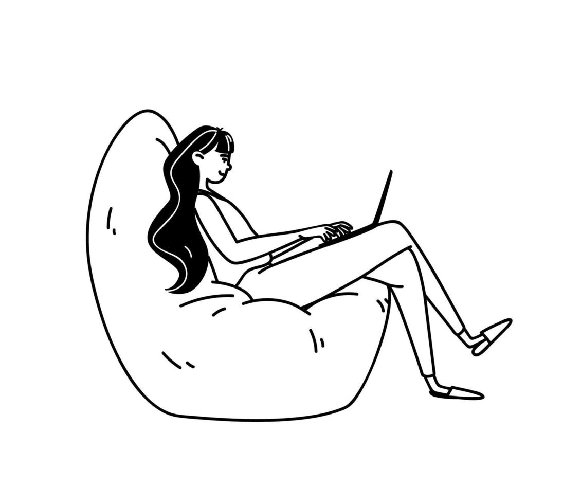 Hand-drawn young woman at work in a comfortable soft chair. Black on white outline vector illustration of a girl in house slippers with a laptop on her lap. Doodle concept for remote work.