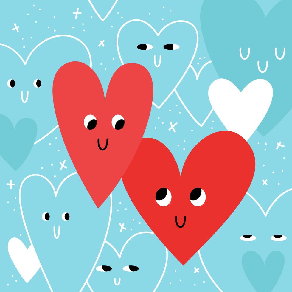 Two cartoon hearts are looking at each other, while other hearts are watching them. Square postcard with emotional symbols of Valentine's Day. Vector stock illustration.