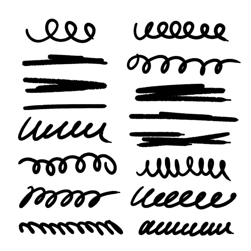 Collection of vector highlighting elements. A set of swirling spiral and straight lines with jagged edges. Hand drawn stock illustration isolated on white background.