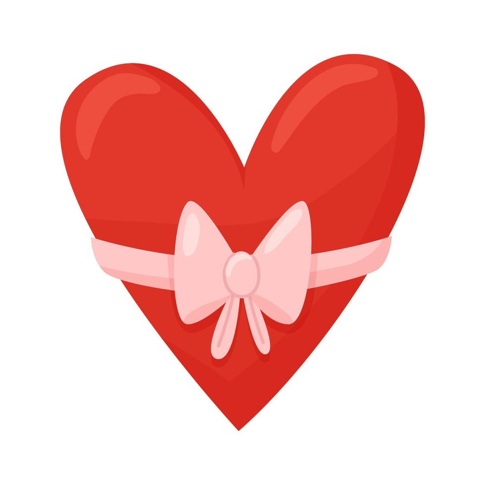 Red heart in a pink bow. A great heart present tied with a gift bow. A gift from a loved one. Vector closeup illustration isolated on white background.