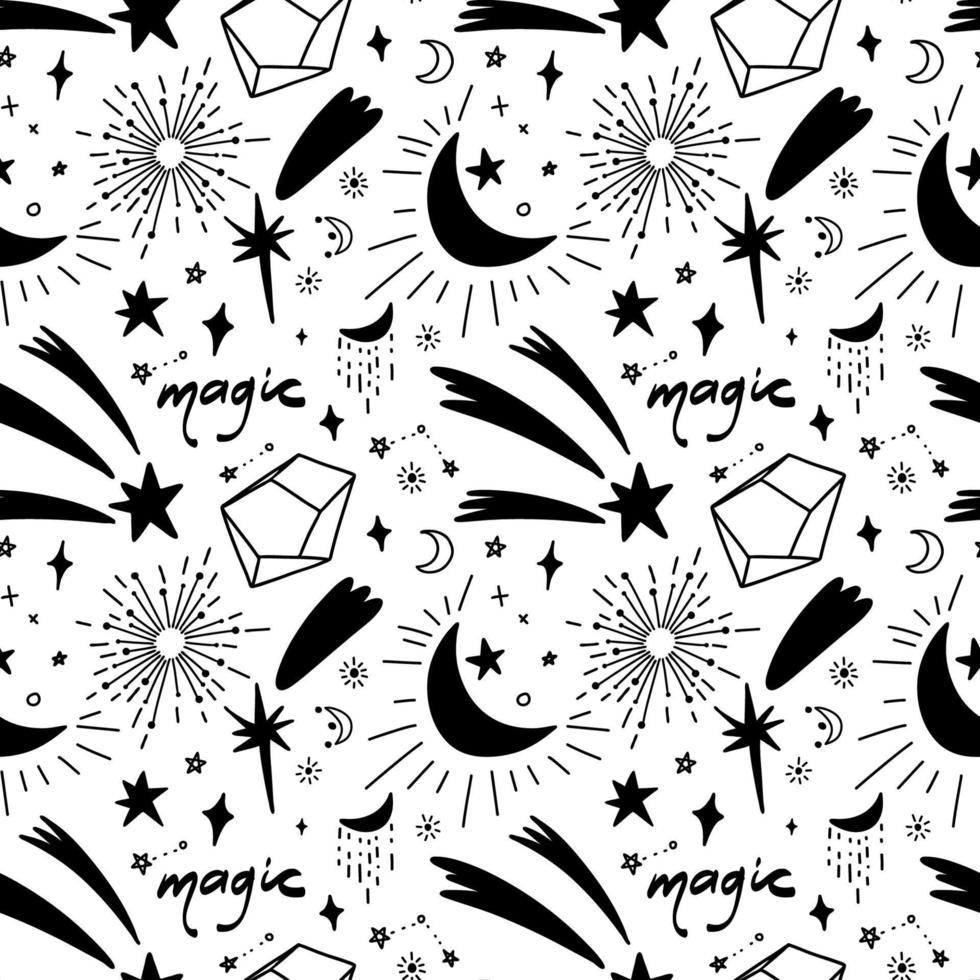 Seamless pattern with mystical and starry elements. A repeating pattern with shooting stars and crystals. Vector stock illustration isolated on white background.