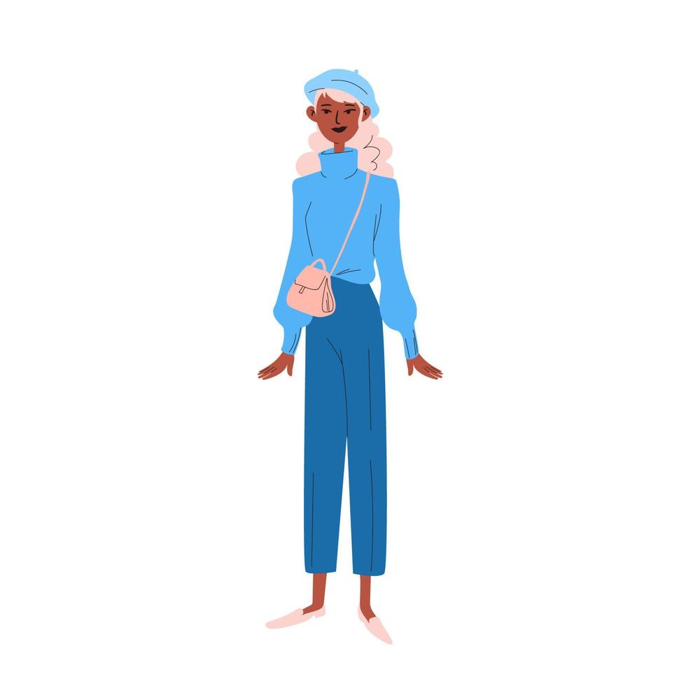 A young woman in blue clothes with a beret on her head and a small handbag over her shoulder. A dark-skinned woman stands in a blue sweater. Fashionable blonde. Vector illustration isolated on white b