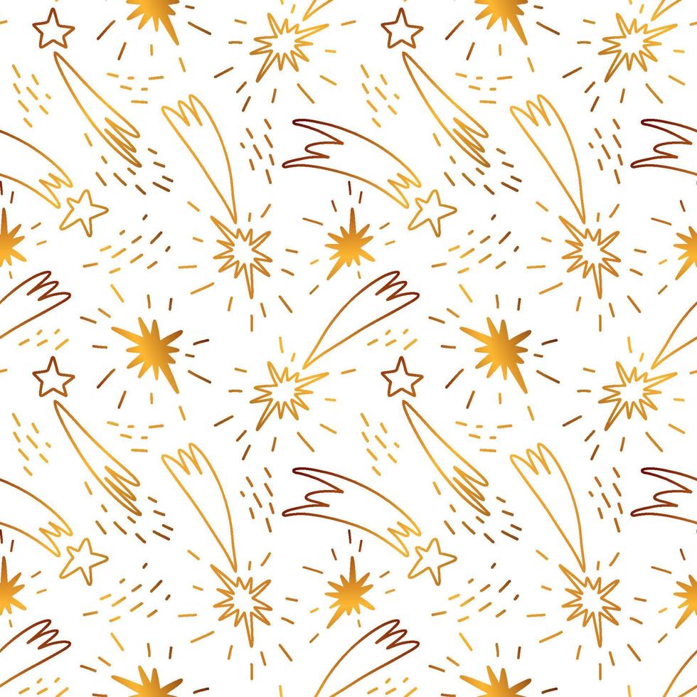 Golden seamless pattern with shooting stars. Comets flying chaotically down shining in space. vector