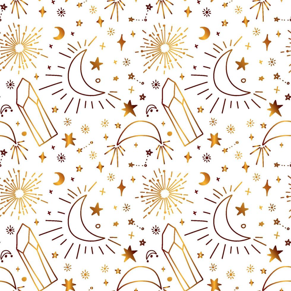 Seamless golden pattern. Gold ornament with celestial elements and semi-precious stones. vector