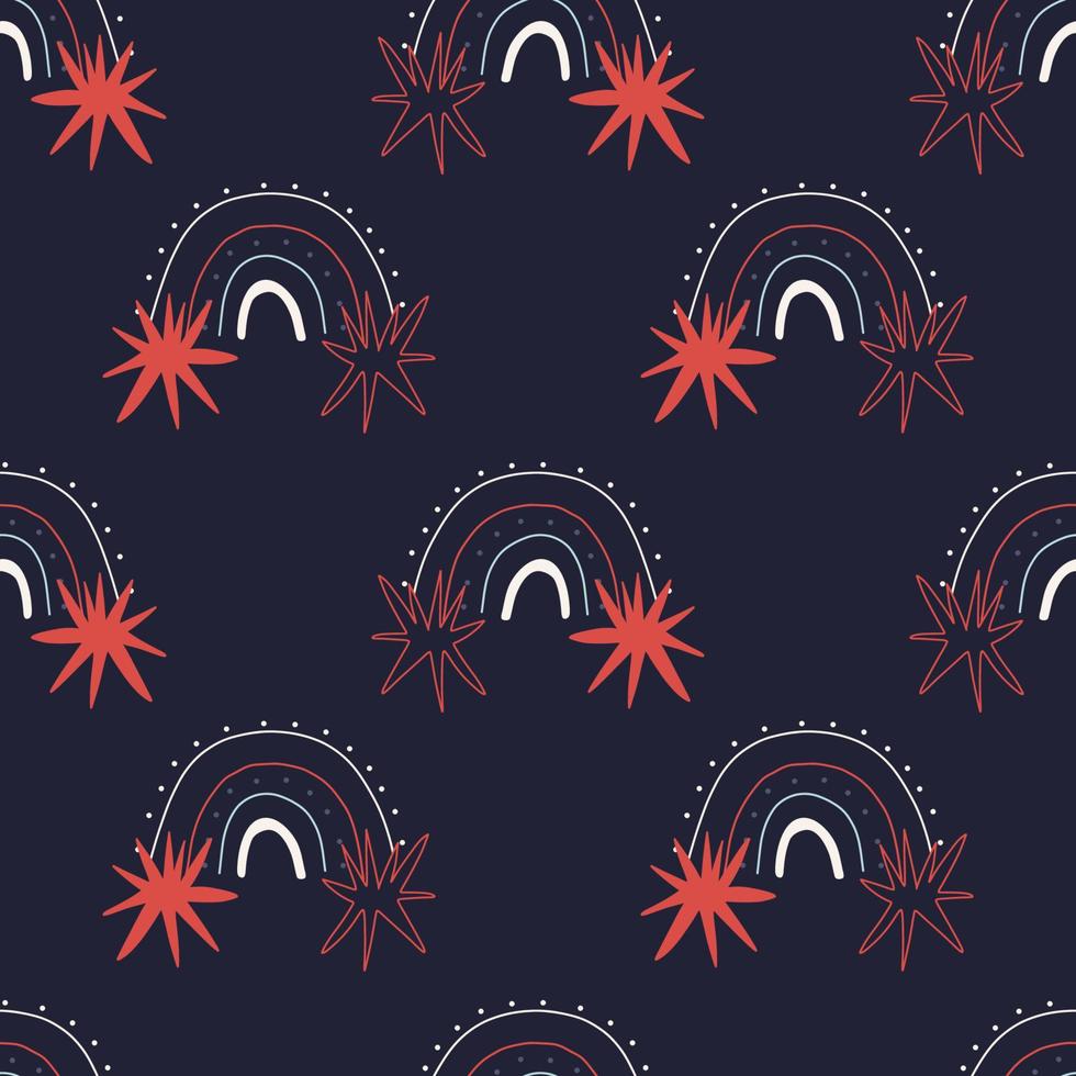 Minimalistic rainbow seamless pattern with stars. Rainbow star pattern of dotted and flat lines with red star. vector