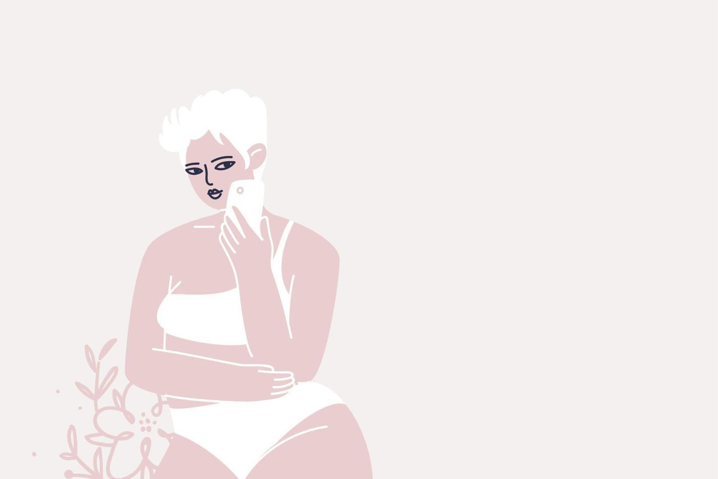 Young pretty woman with a phone in her hand against a background of doodle flowers. Cartoon female character taking pictures of herself in white underwear. Vector illustration isolated space for text.