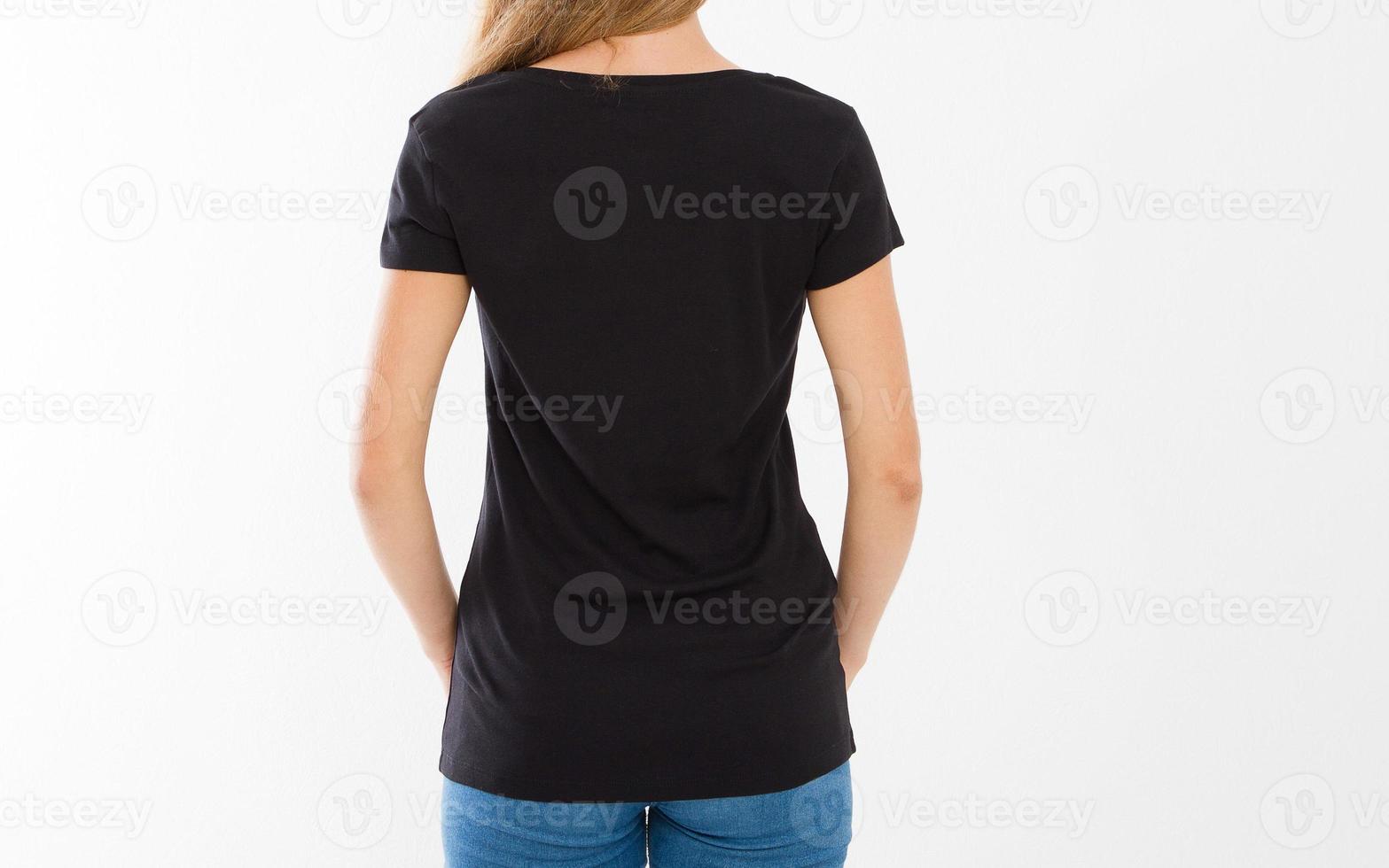 Front and back views of young caucasian girl woman in black stylish t-shirt on white background. Mock up for design. Copy space. Template. Blank photo
