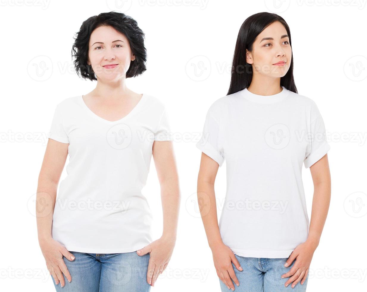camiseta de mujer asiática adolescente simulacro de camiseta de mujer de mediana edad, chica coreana en camiseta en blanco vacía aislada en el espacio de copia de fondo blanco. vista frontal, niña, camiseta, copia, espacio foto