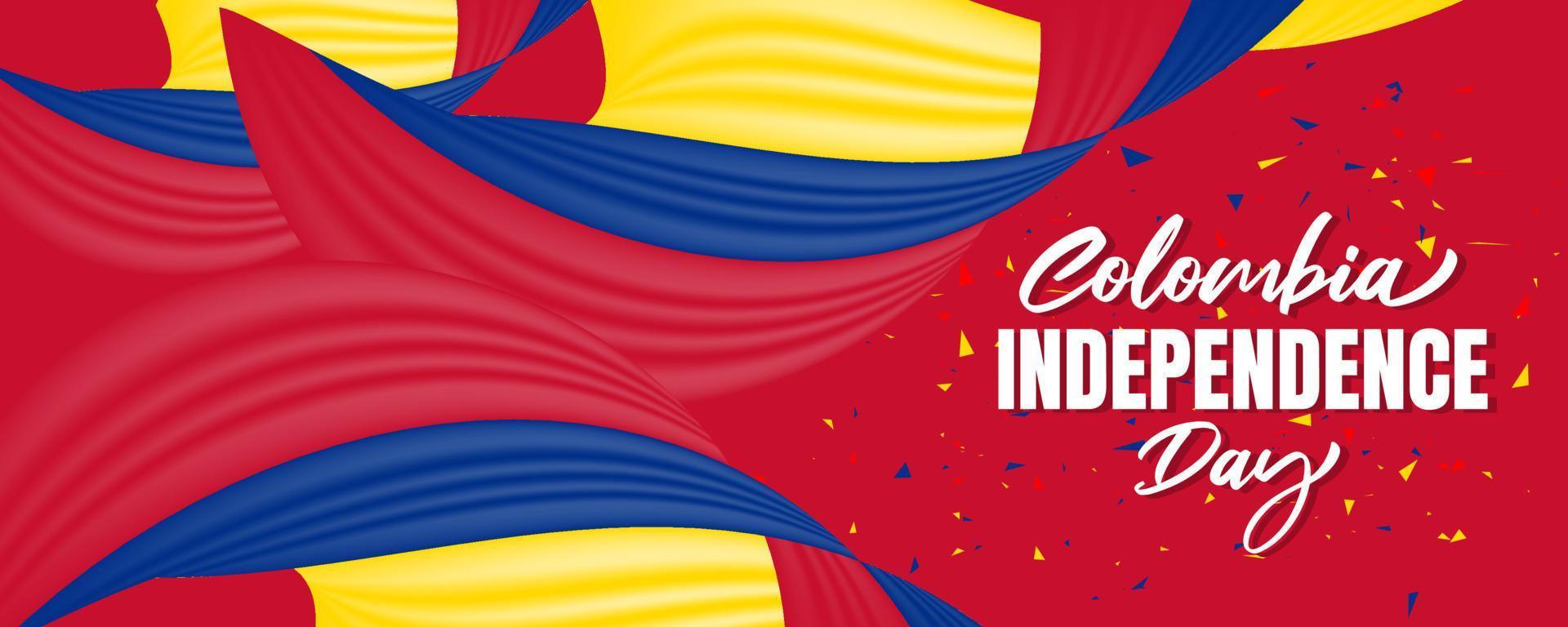 día de la independencia de colombia con bandera de colombia ondeando y diseño de fondo de color rojo vector