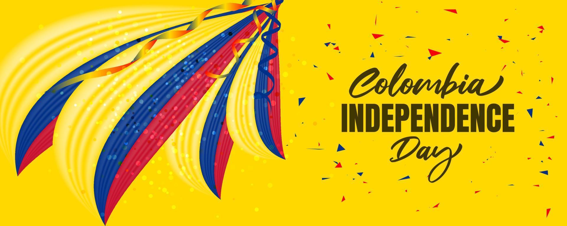 día de la independencia de colombia con bandera de colombia ondeando y diseño de fondo de color amarillo vector