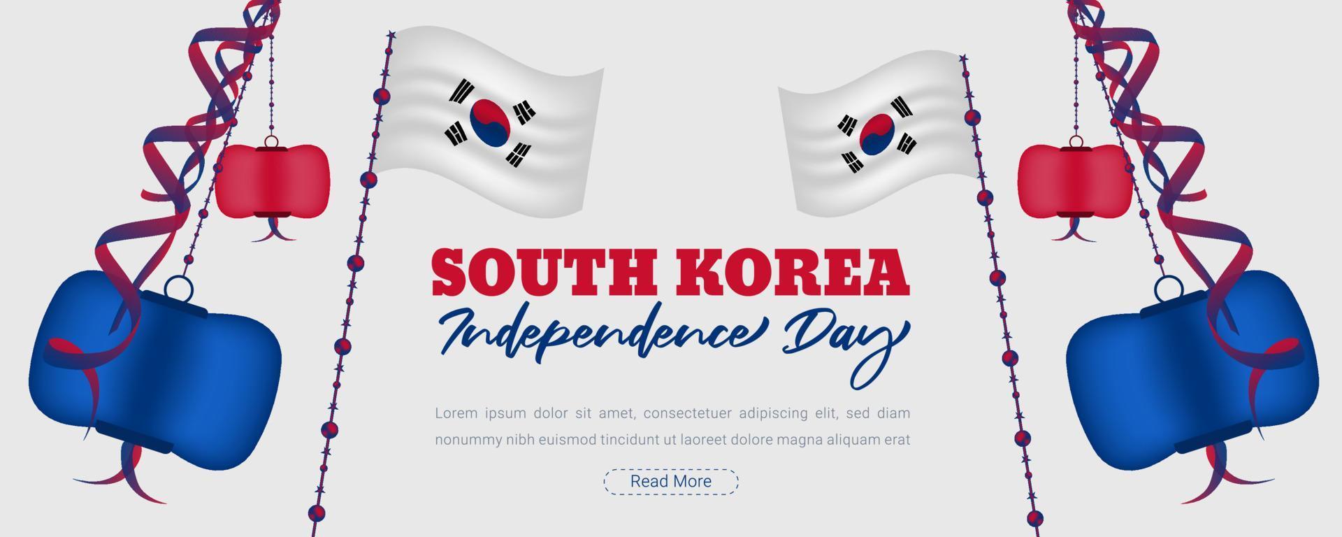 fondo de celebración del día de la independencia de corea del sur con diseño de ondear banderas en 3d vector