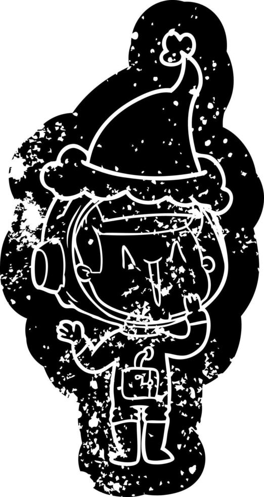 laughing cartoon distressed icon of a astronaut wearing santa hat vector