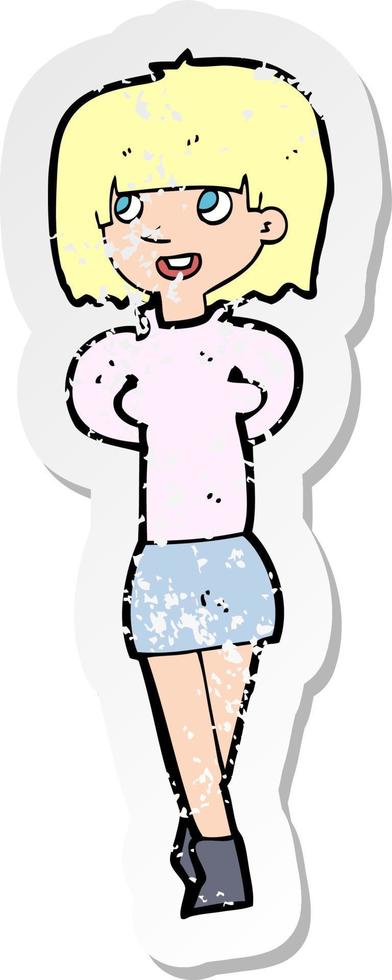 retro distressed sticker of a cartoon happy woman vector