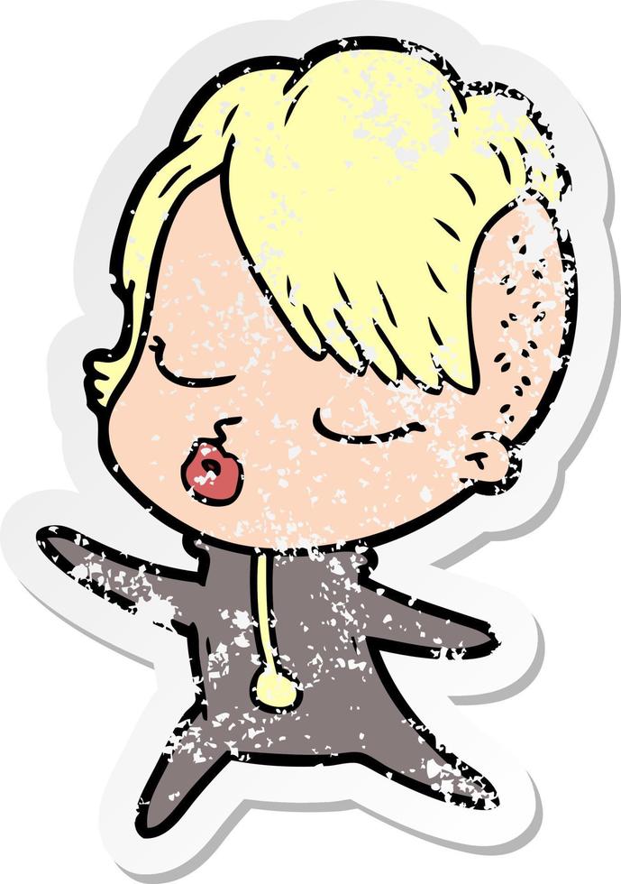 distressed sticker of a cartoon pretty hipster girl vector