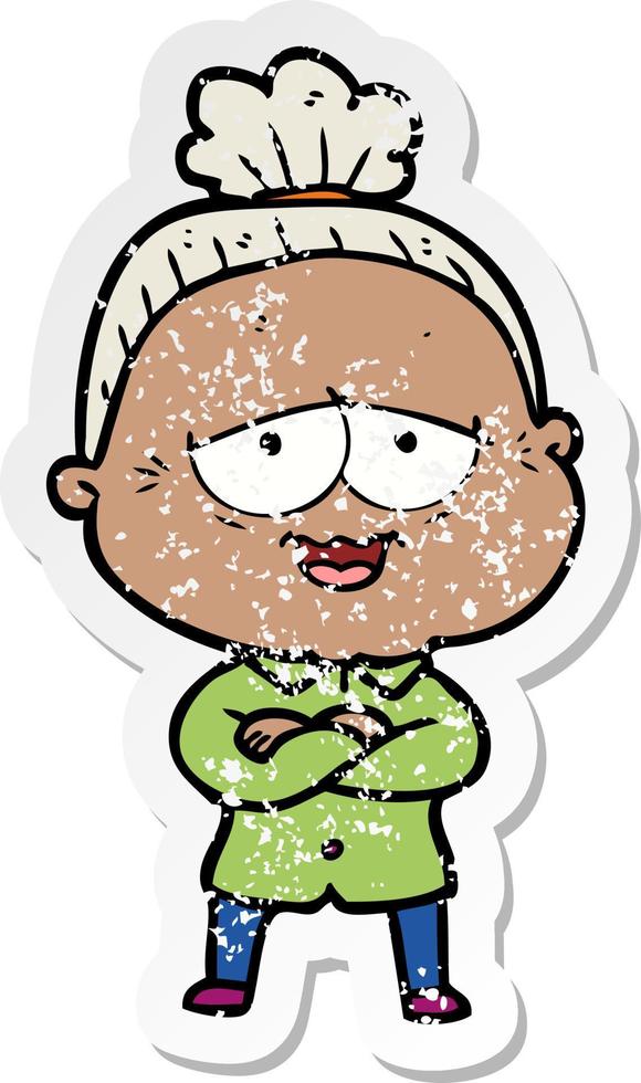 distressed sticker of a cartoon happy old lady vector