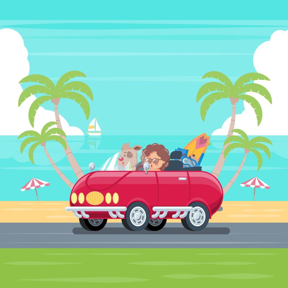 Boy driving a car at the summer beach vector