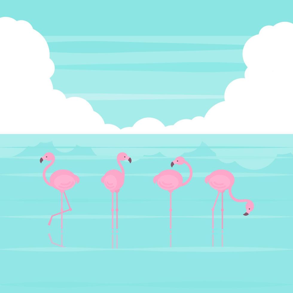 Summer beach flamingos flat cartoon vector