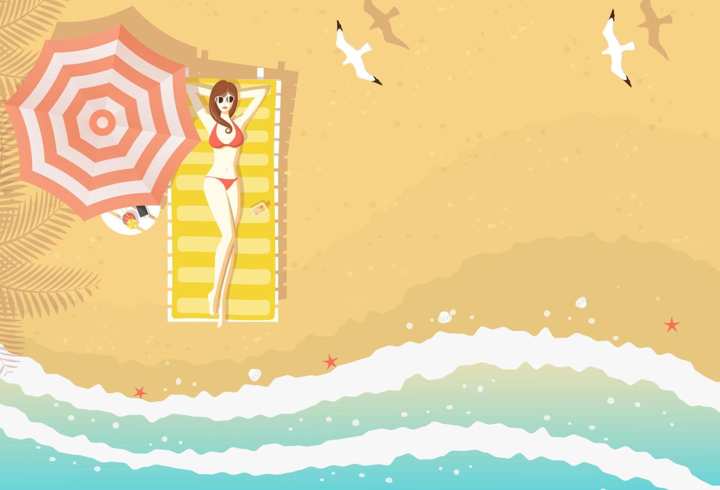 mujer relajándose en la tumbona de la playa desde la vista superior vector