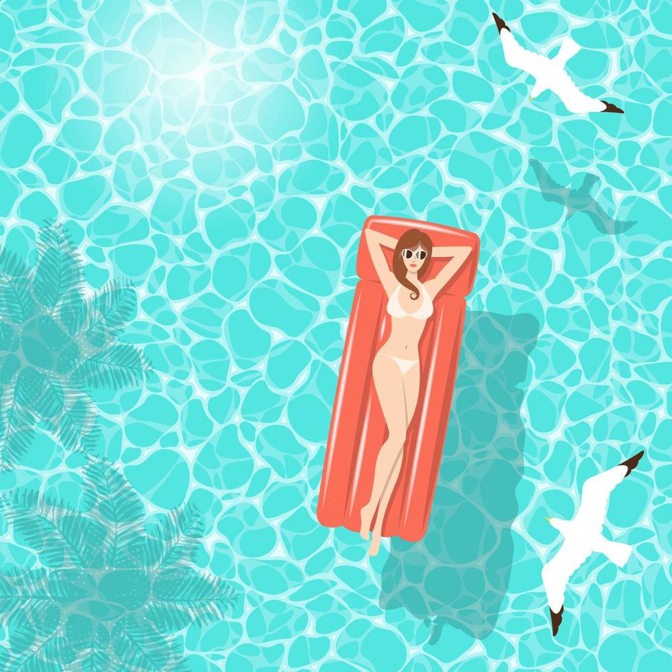 Summer woman on air mattress in the sea vector