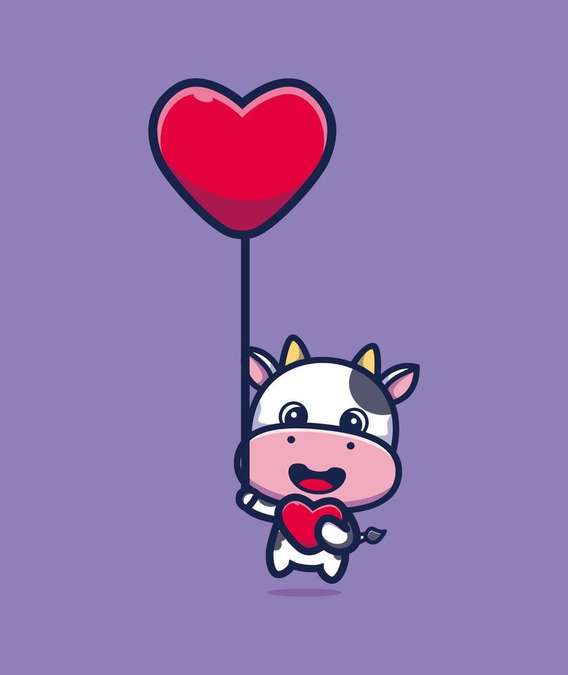 linda vaca flotando con globo amor dibujos animados vector ilustración