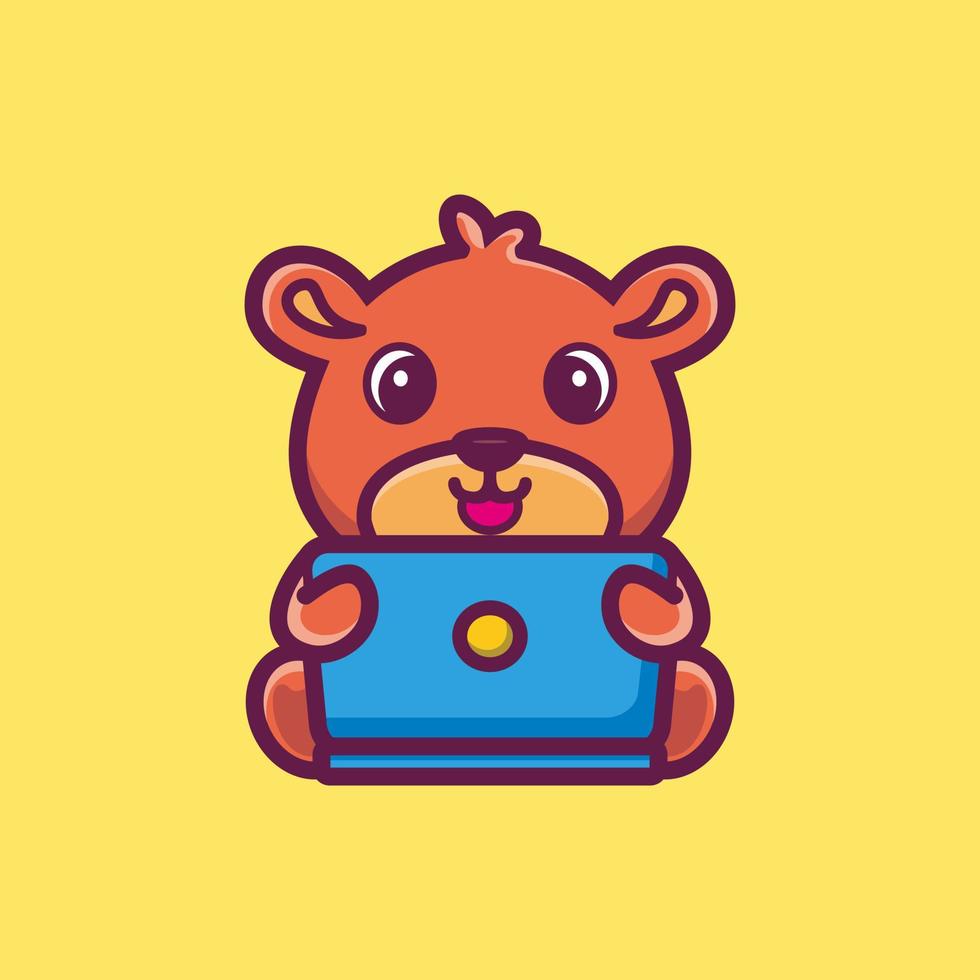 Cute teddy bear cartoon working in front of a laptop. Animal technology icon illustration concept premium vector