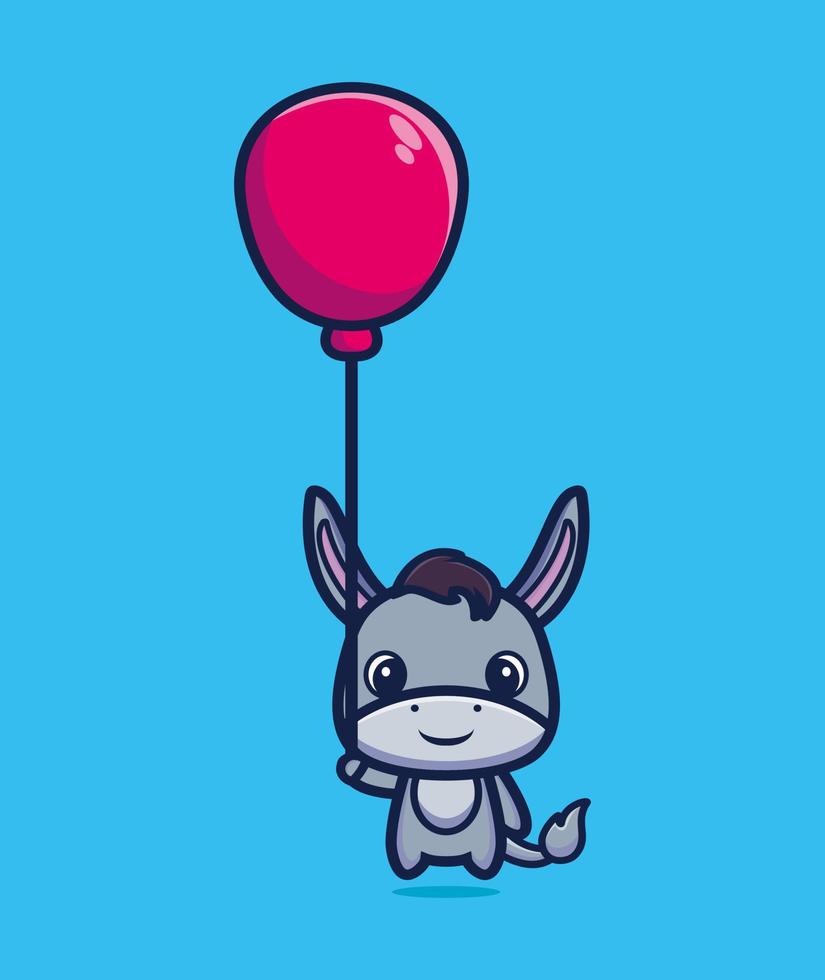 Lindo burro flotando con ilustración de vector de dibujos animados de globo