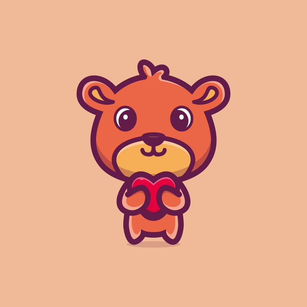 Cute teddy bear standing holding love cartoon icon vector illustration. Animal love icon concept premium vector